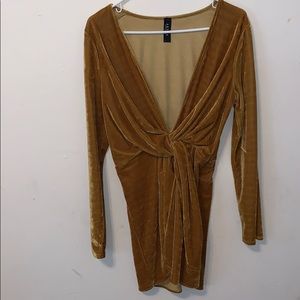Velvet mustard colored mini dress long sleeve